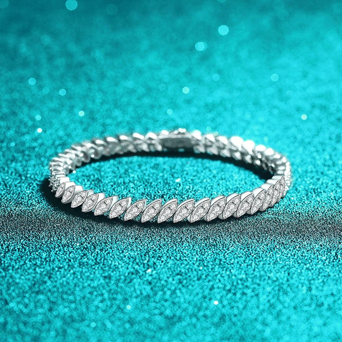 Leaf Moissanite Tennis Bracelet in Rhodium-Plated S925 sterling silver angled product display showing bracelet silhouette