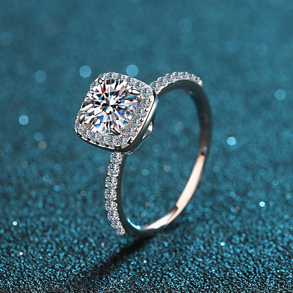 Cushion Halo Moissanite Ring with CZ in Rhodium-Plated S925 Sterling Silver blue display product photo showing the moissanite setting and band profile