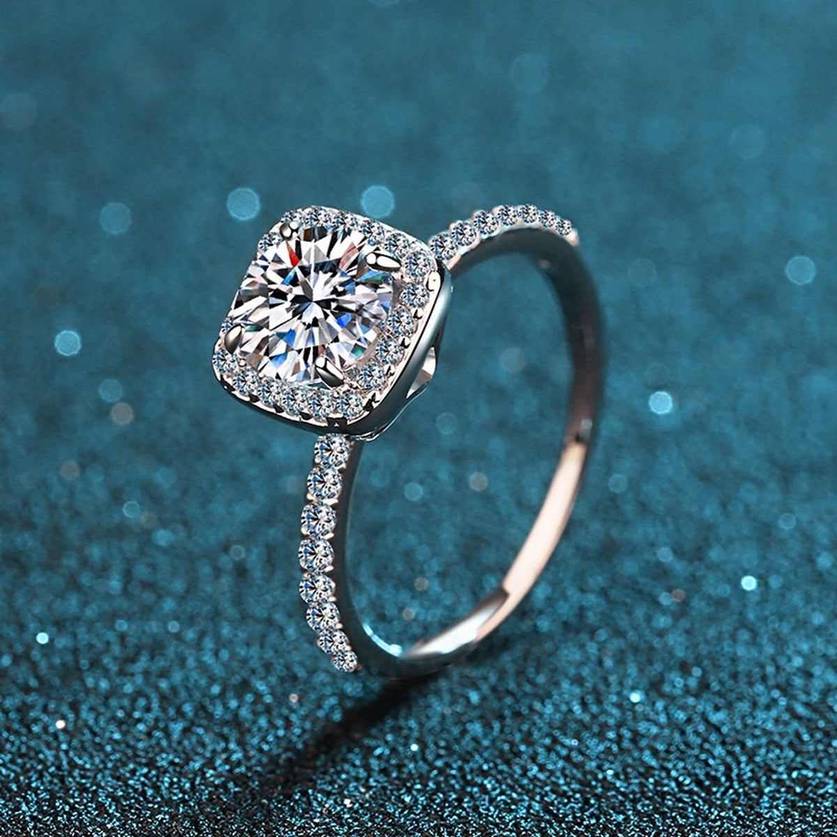 Cushion Halo Moissanite Ring with CZ in Rhodium-Plated S925 Sterling Silver blue display product photo showing the moissanite setting and band profile