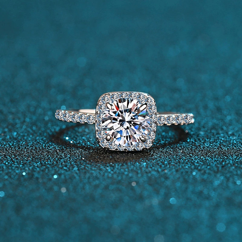 Cushion Halo Moissanite Ring with CZ in Rhodium-Plated S925 Sterling Silver blue display product photo showing the moissanite setting and band profile