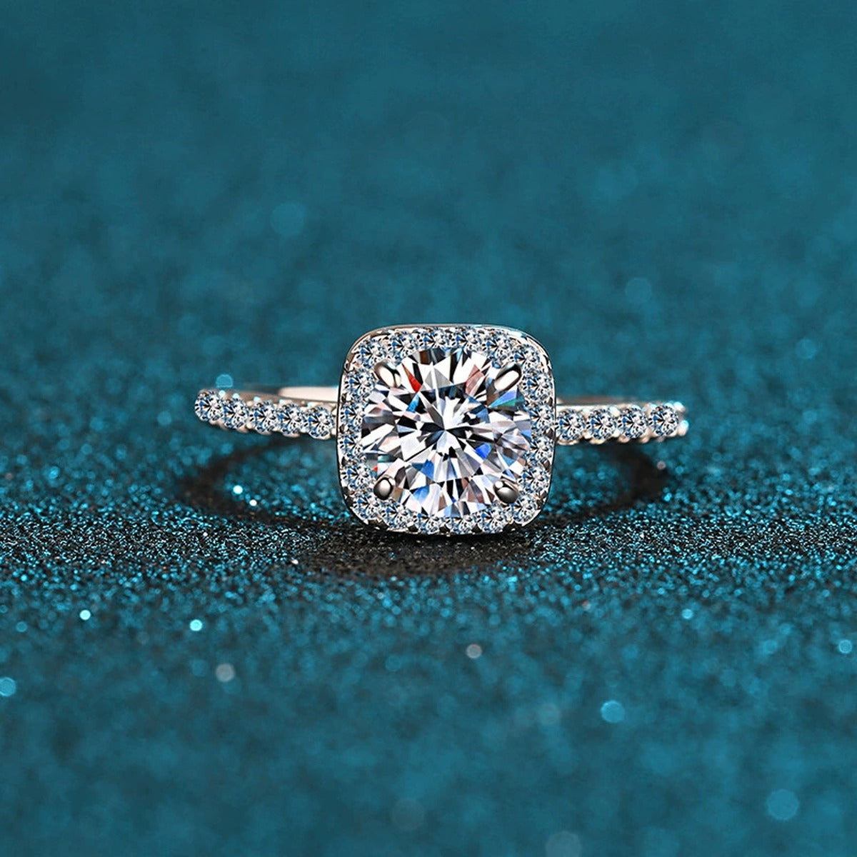 Cushion Halo Moissanite Ring with CZ in Rhodium-Plated S925 Sterling Silver blue display product photo showing the moissanite setting and band profile