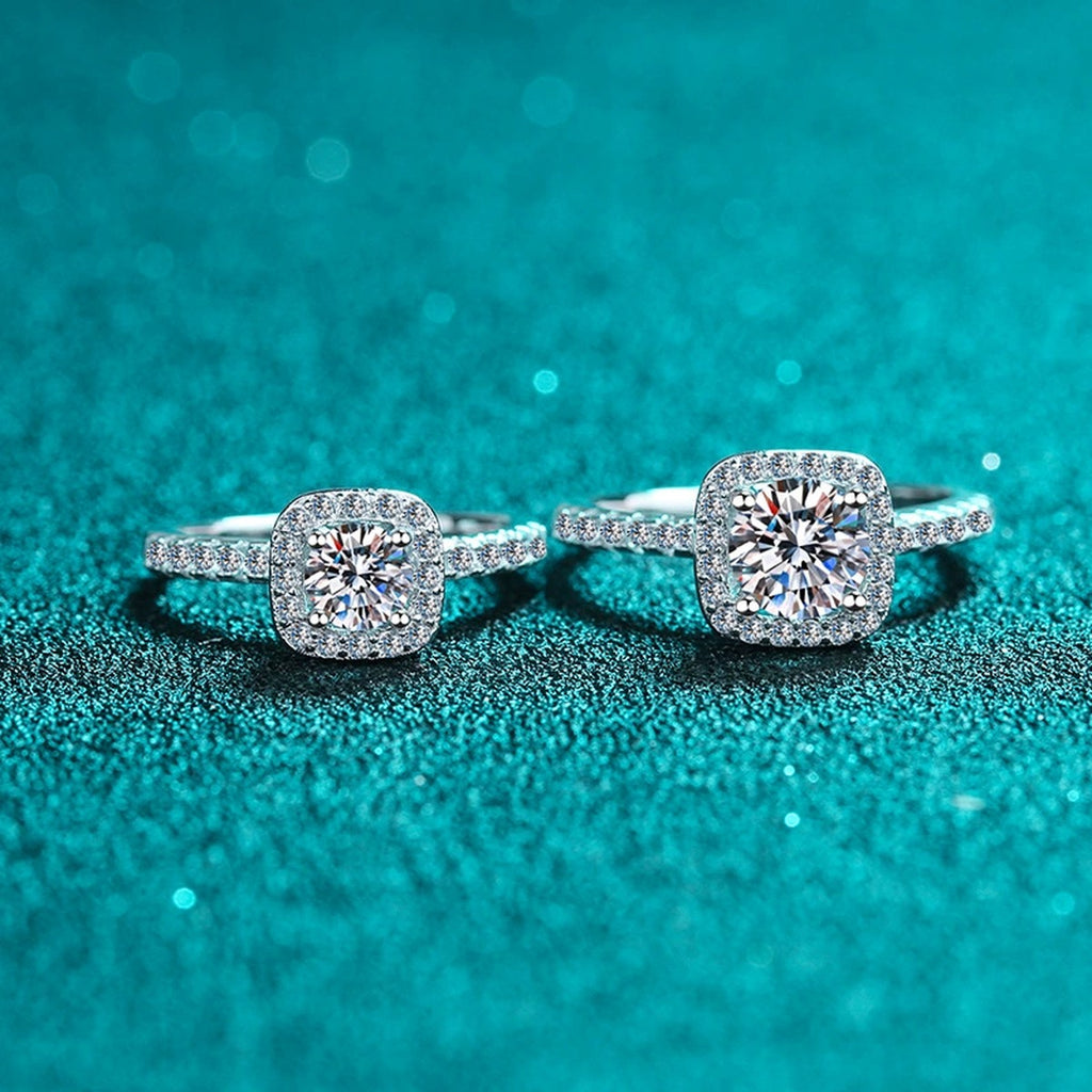 Cushion Halo Moissanite Ring with CZ in Rhodium-Plated S925 Sterling Silver blue display product photo showing the moissanite setting and band profile