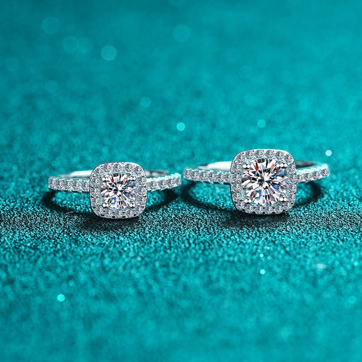 Cushion Halo Moissanite Ring with CZ in Rhodium-Plated S925 Sterling Silver blue display product photo showing the moissanite setting and band profile