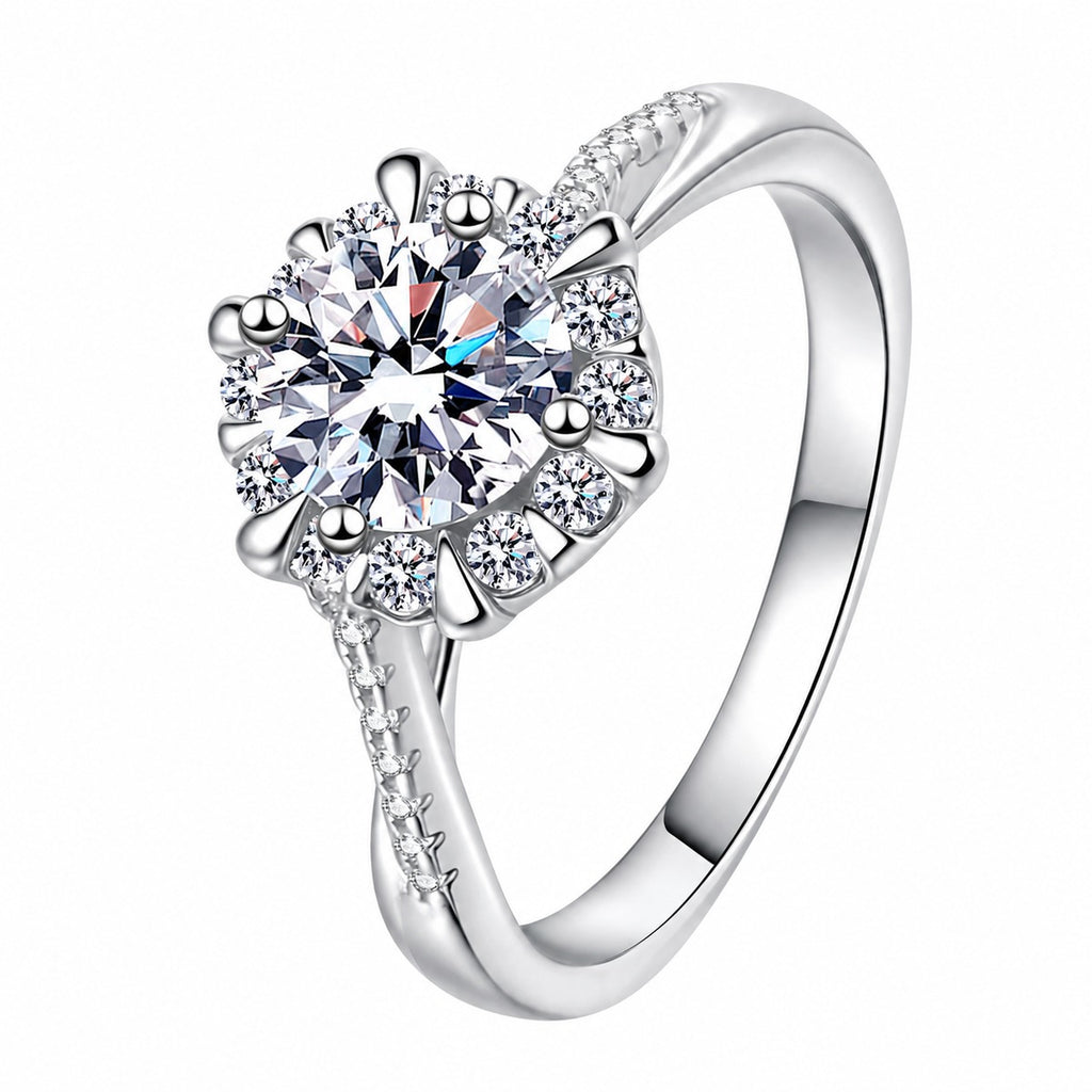 Round Moissanite Ring with CZ in rhodium-plated S925 sterling silver on clean white background