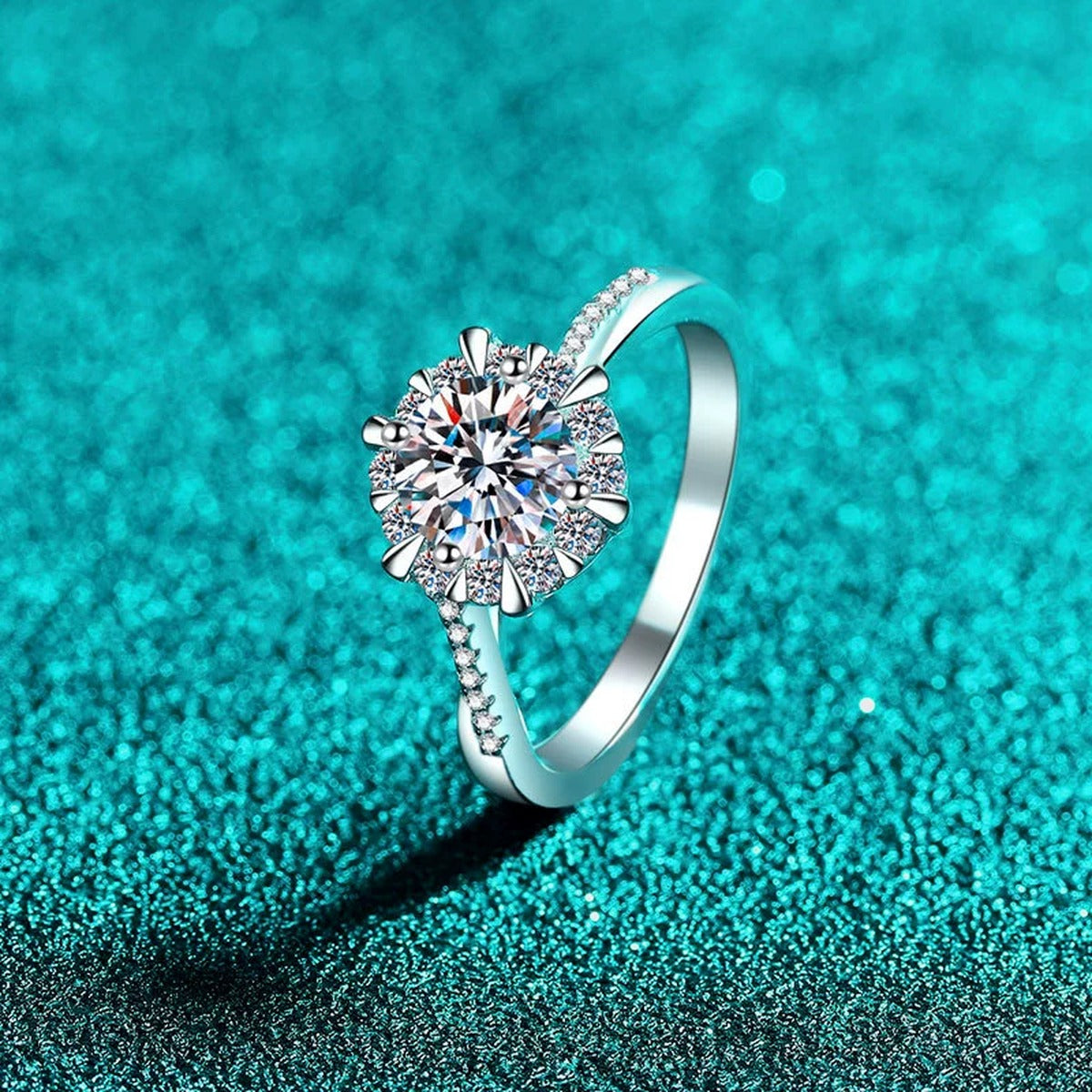 Round Moissanite Ring with CZ product view showing moissanite setting and metal finish
