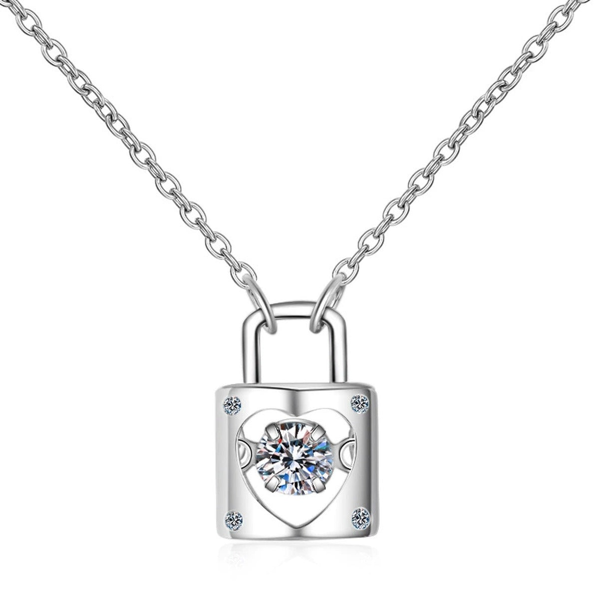 Lock Heart Moissanite Pendant Necklace with CZ in Rhodium-Plated S925 sterling silver on white background showing pendant shape and round moissanite