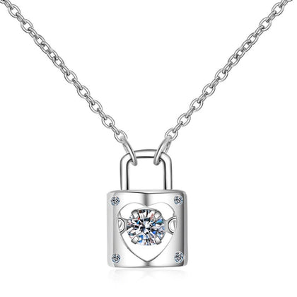 Lock Heart Moissanite Pendant Necklace with CZ in Rhodium-Plated S925 sterling silver on white background showing pendant shape and round moissanite
