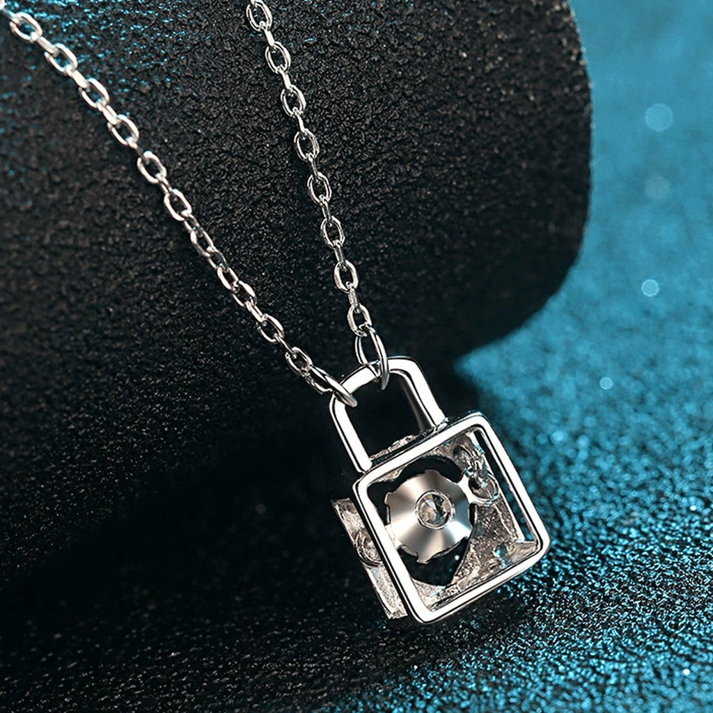 Lock Heart Moissanite Pendant Necklace with CZ in Rhodium-Plated S925 sterling silver product scene view showing pendant detail