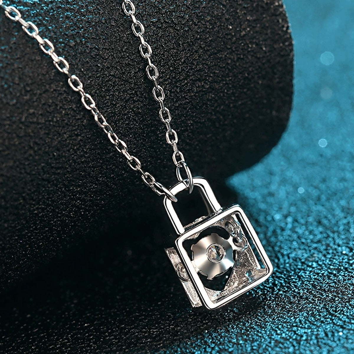 Lock Heart Moissanite Pendant Necklace with CZ in Rhodium-Plated S925 sterling silver product scene view showing pendant detail