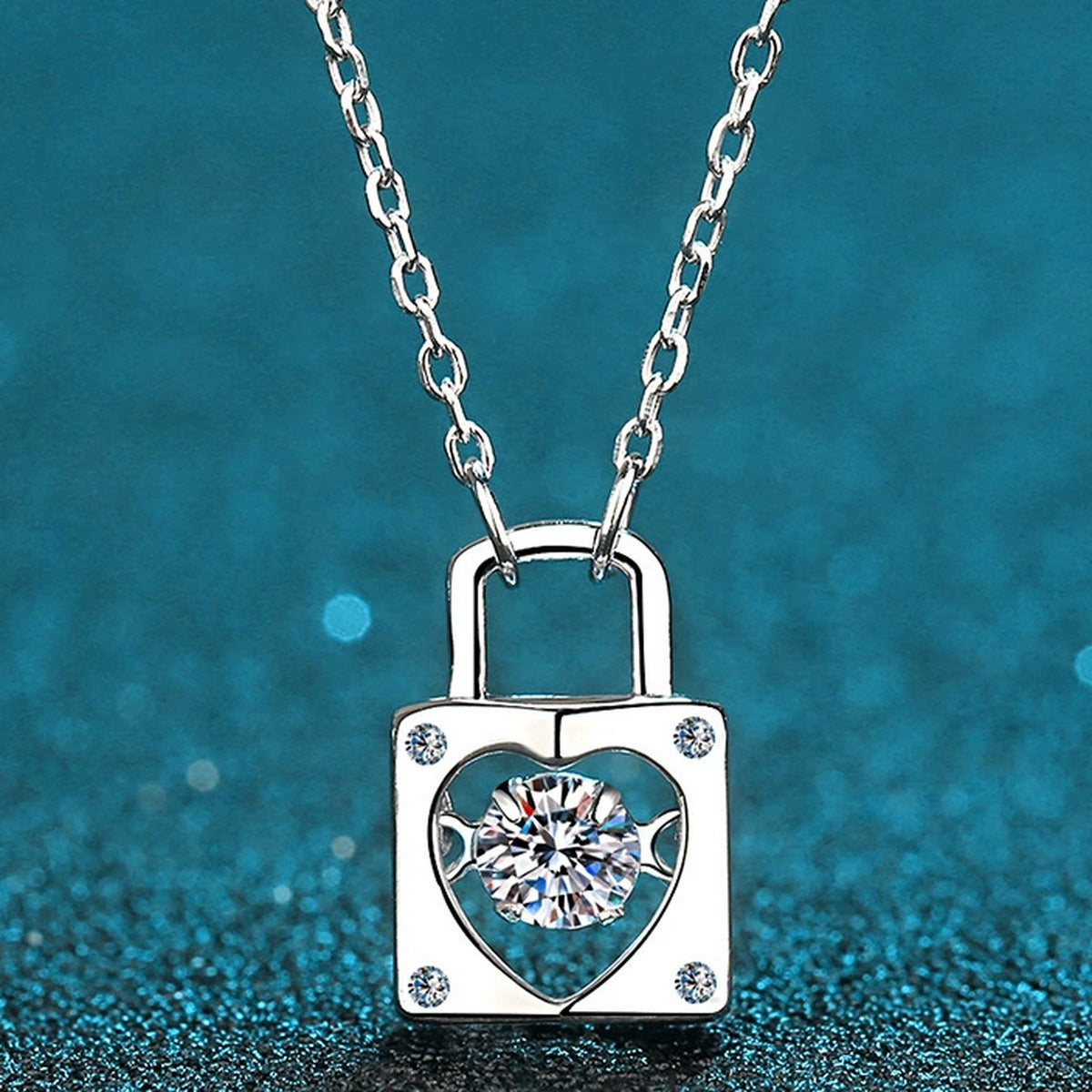 Lock Heart Moissanite Pendant Necklace with CZ in Rhodium-Plated S925 sterling silver product scene view showing chain and setting detail