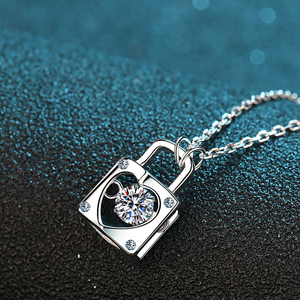 Lock Heart Moissanite Pendant Necklace with CZ in Rhodium-Plated S925 sterling silver product scene view showing angled sparkle