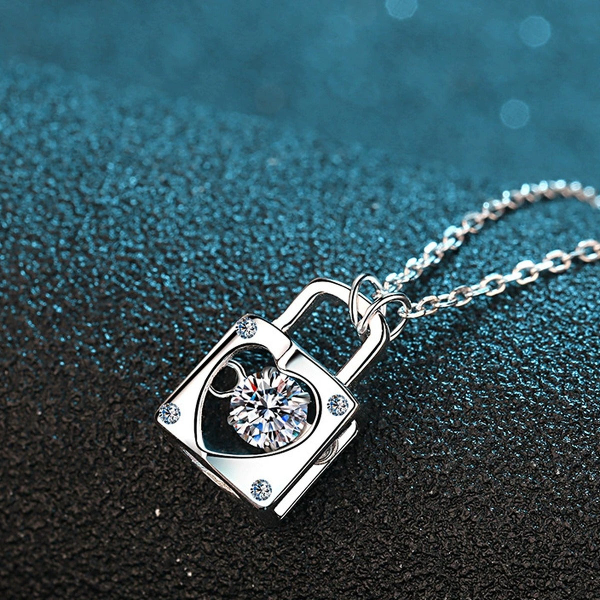 Lock Heart Moissanite Pendant Necklace with CZ in Rhodium-Plated S925 sterling silver product scene view showing angled sparkle