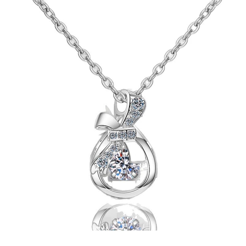 Ribbon Bow Moissanite Pendant Necklace with CZ in Rhodium-Plated S925 sterling silver on white background showing pendant shape and round moissanite