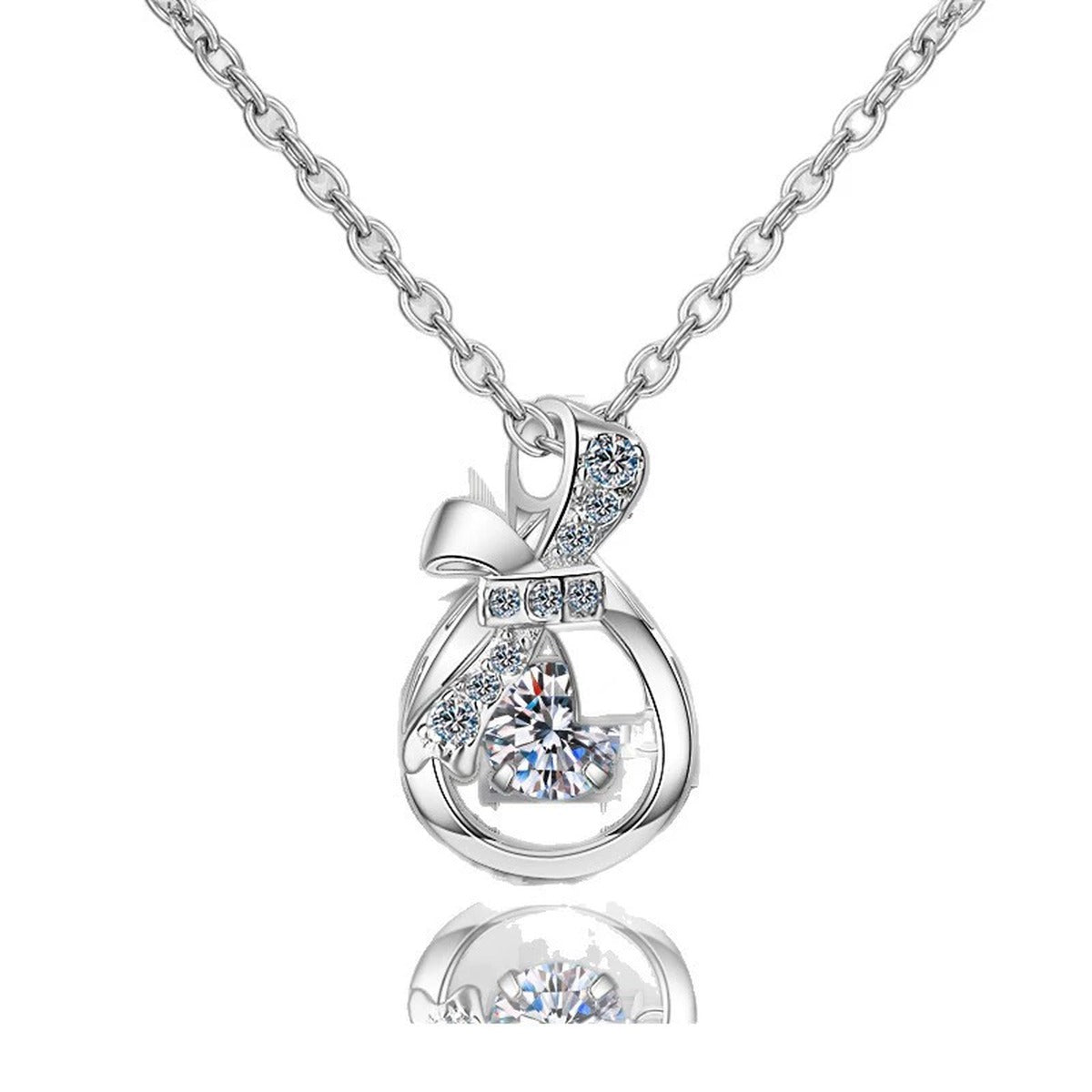 Ribbon Bow Moissanite Pendant Necklace with CZ in Rhodium-Plated S925 sterling silver on white background showing pendant shape and round moissanite