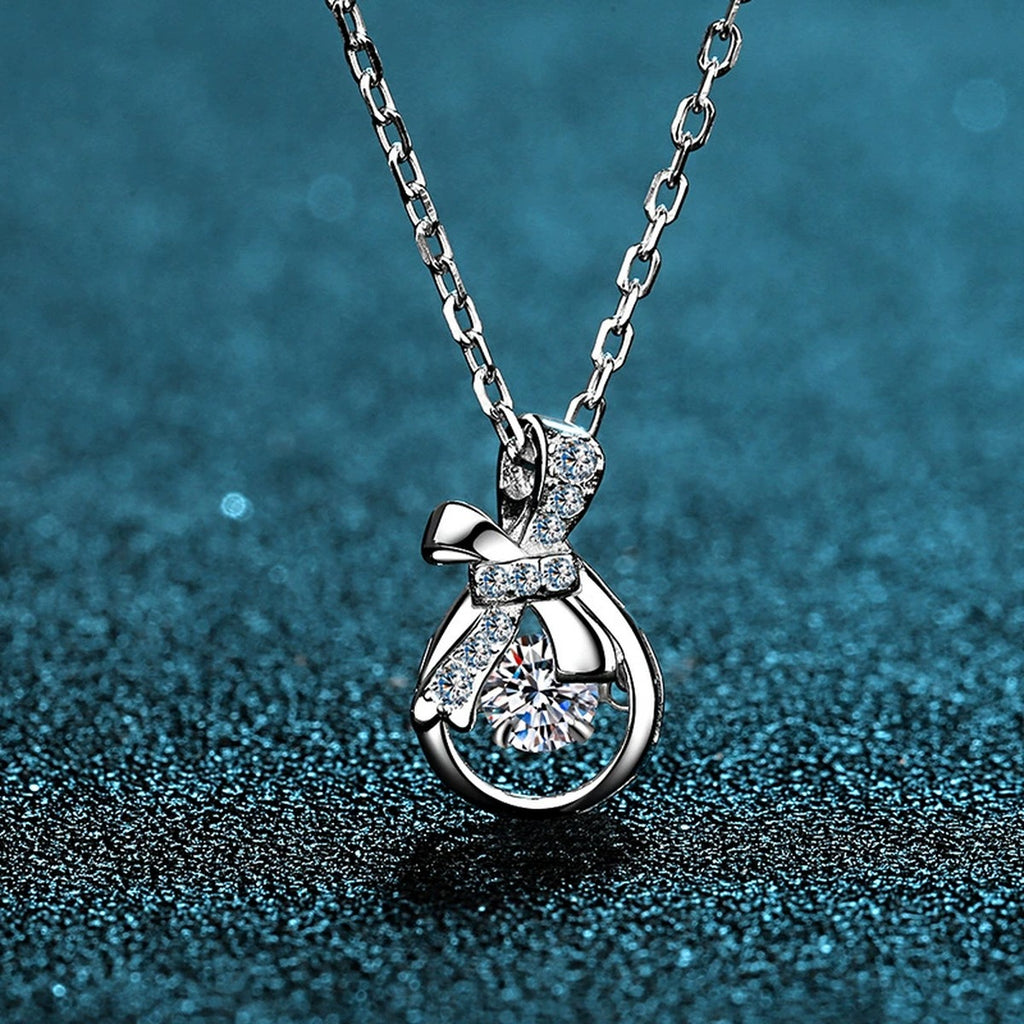 Ribbon Bow Moissanite Pendant Necklace with CZ in Rhodium-Plated S925 sterling silver product scene view showing chain and setting detail