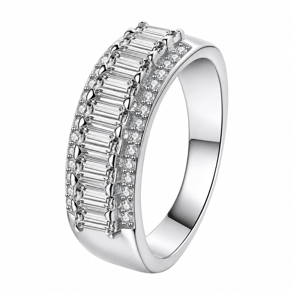 Emerald and Round Moissanite Statement Ring in rhodium-plated S925 sterling silver on clean white background