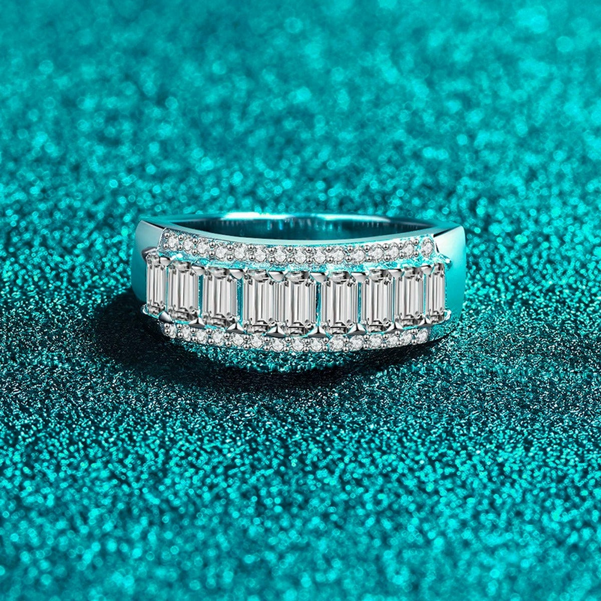 Emerald and Round Moissanite Statement Ring product view showing moissanite setting and metal finish