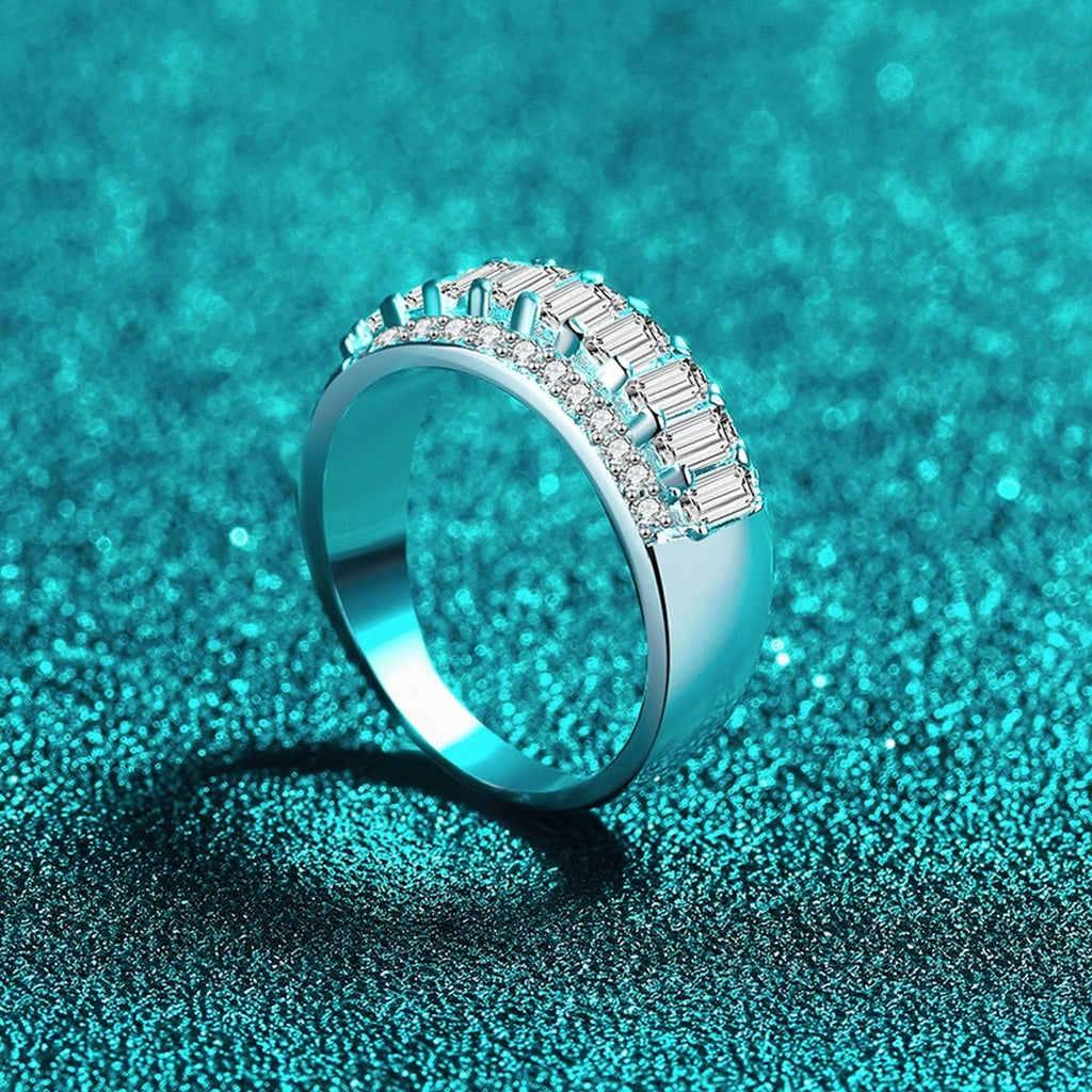 Emerald and Round Moissanite Statement Ring product view showing moissanite setting and metal finish