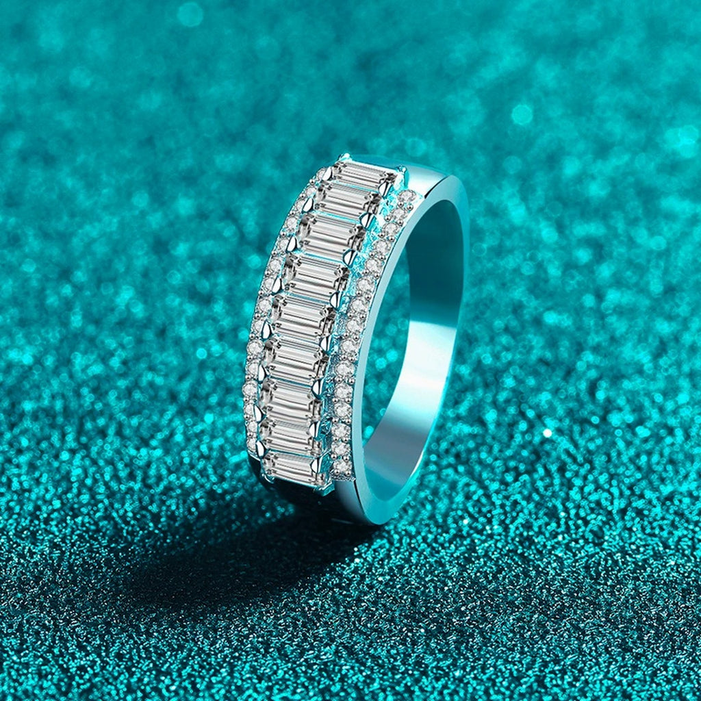 Emerald and Round Moissanite Statement Ring product view showing moissanite setting and metal finish