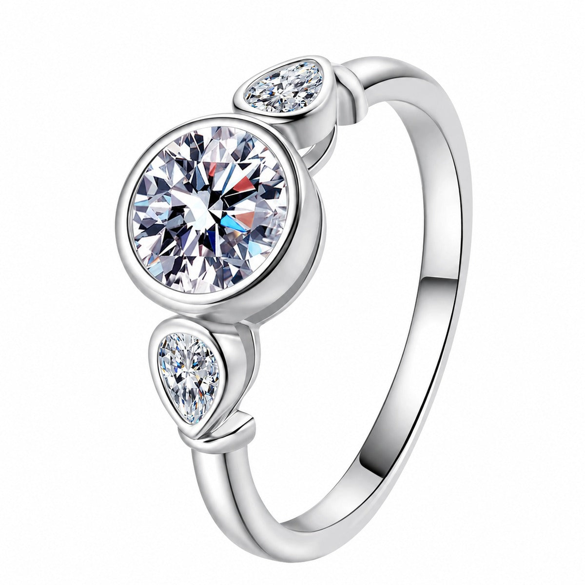 Pear and Round Moissanite Ring in rhodium-plated S925 sterling silver on clean white background