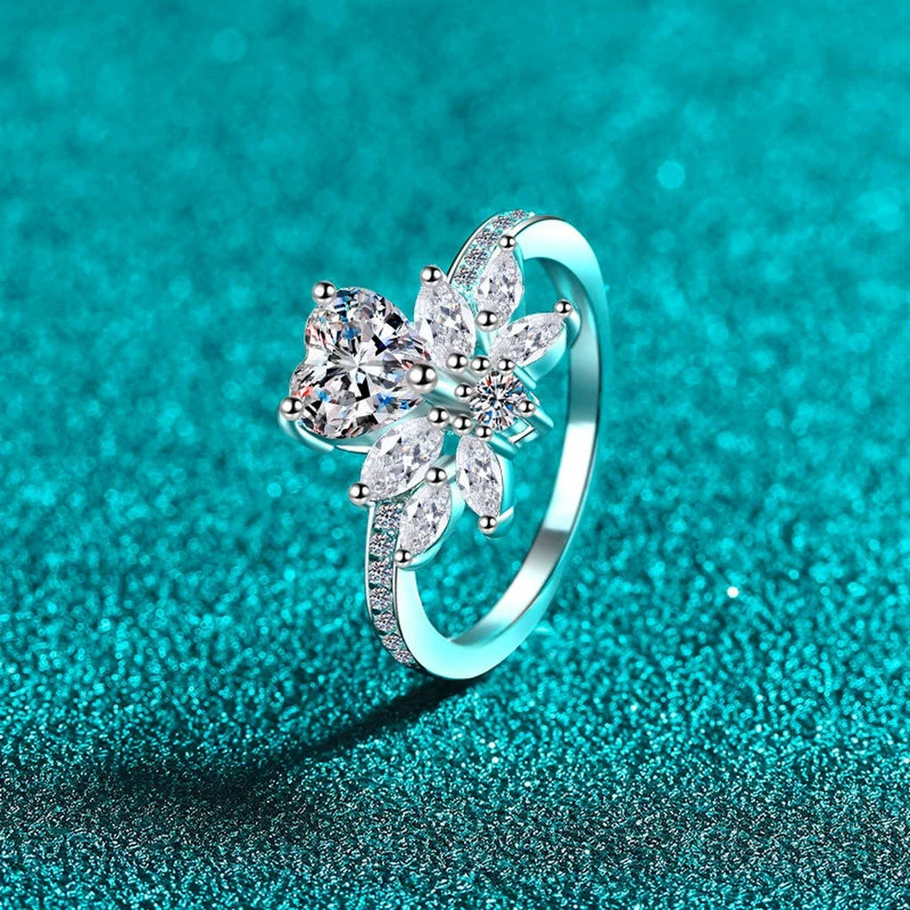 Heart Cut Moissanite Ring with CZ product view showing moissanite setting and metal finish