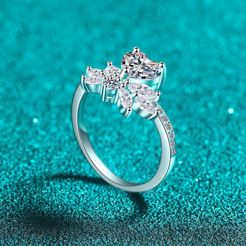 Heart Cut Moissanite Ring with CZ product view showing moissanite setting and metal finish