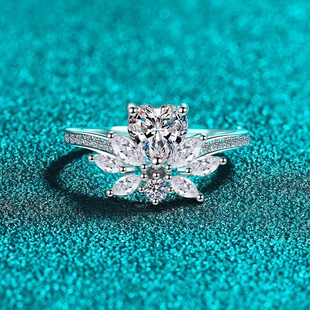 Heart Cut Moissanite Ring with CZ product view showing moissanite setting and metal finish
