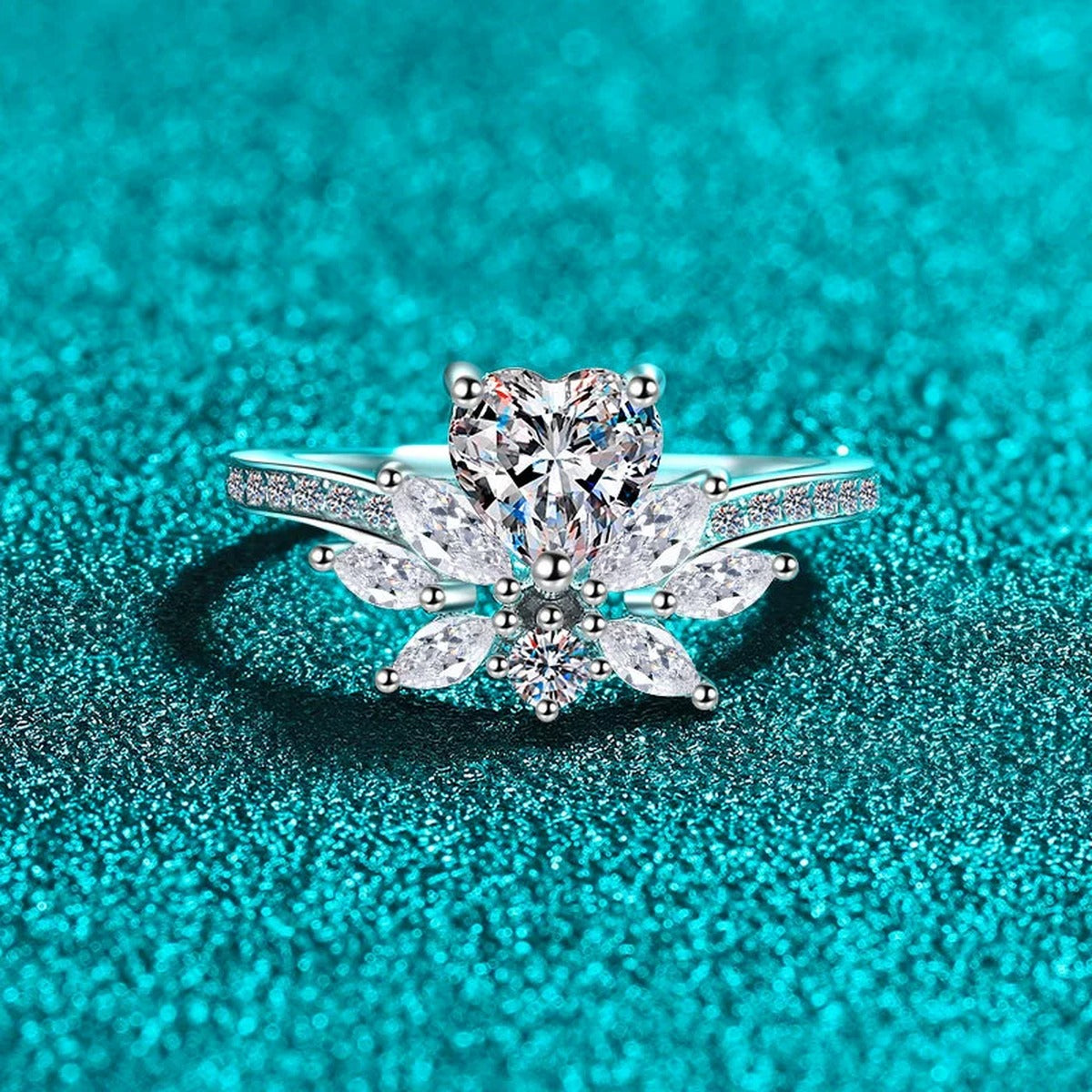 Heart Cut Moissanite Ring with CZ product view showing moissanite setting and metal finish