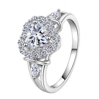 Heart Cut Moissanite Ring with CZ in rhodium-plated S925 sterling silver on clean white background