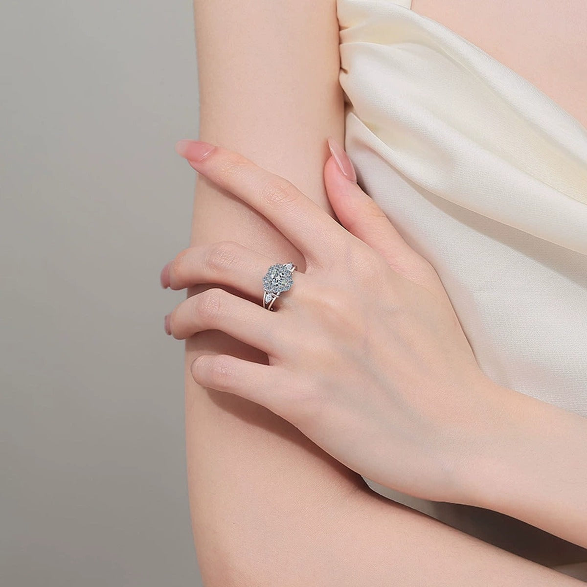 Heart Cut Moissanite Ring with CZ worn on hand to show scale, band width, and ring profile