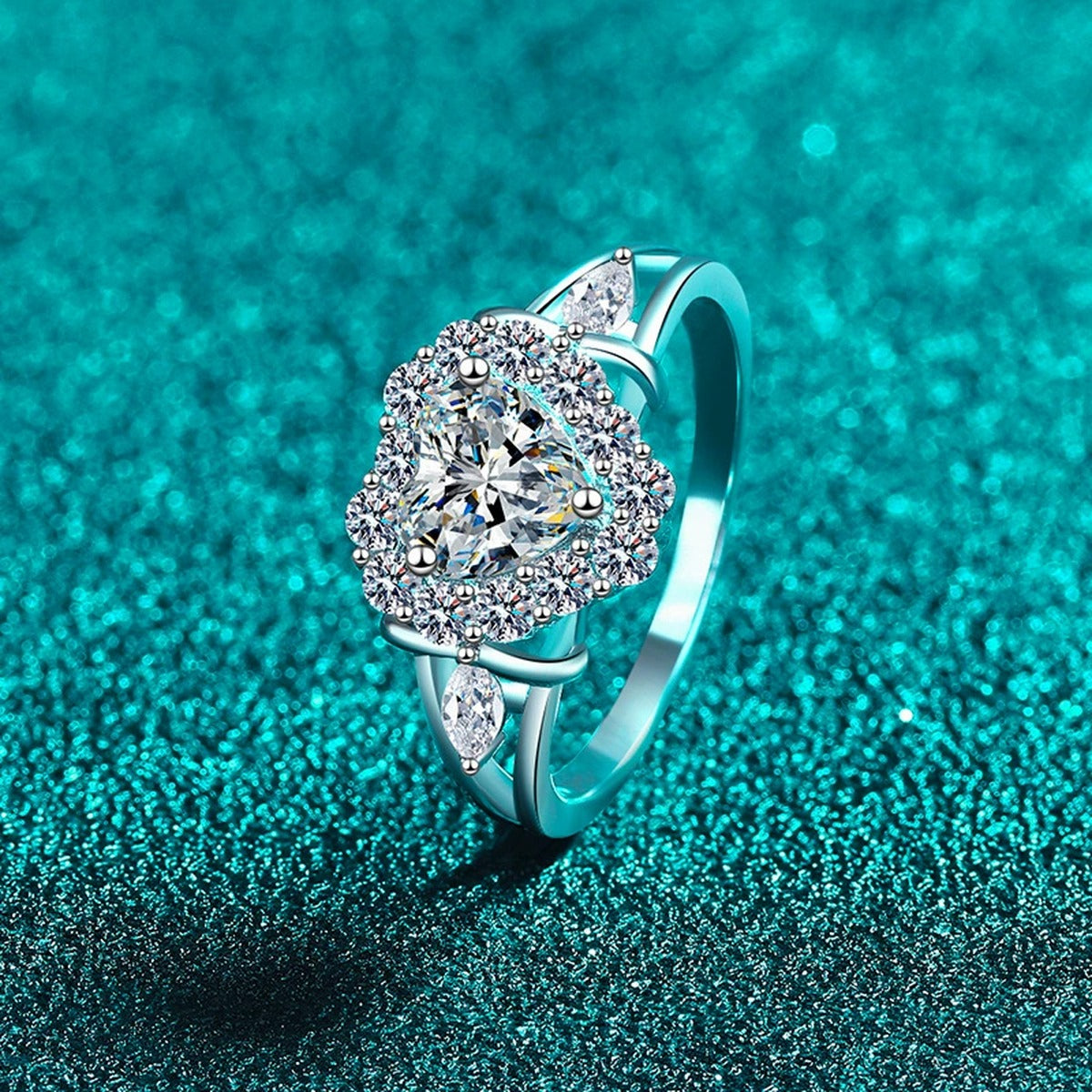 Heart Cut Moissanite Ring with CZ product view showing moissanite setting and metal finish