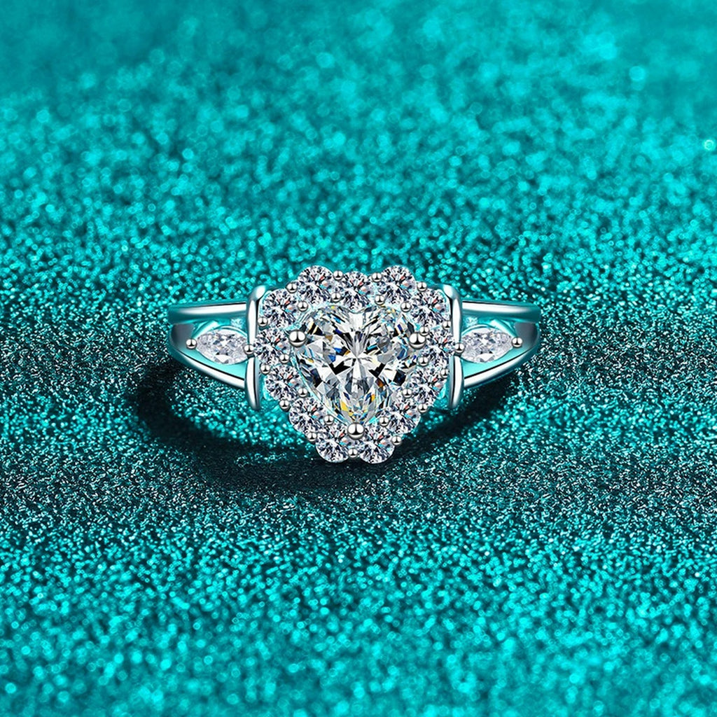 Heart Cut Moissanite Ring with CZ product view showing moissanite setting and metal finish