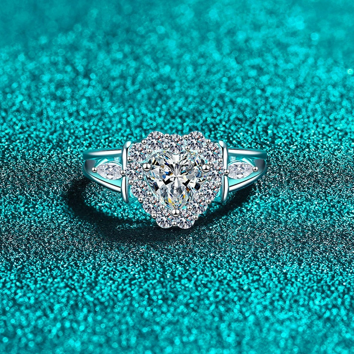 Heart Cut Moissanite Ring with CZ product view showing moissanite setting and metal finish