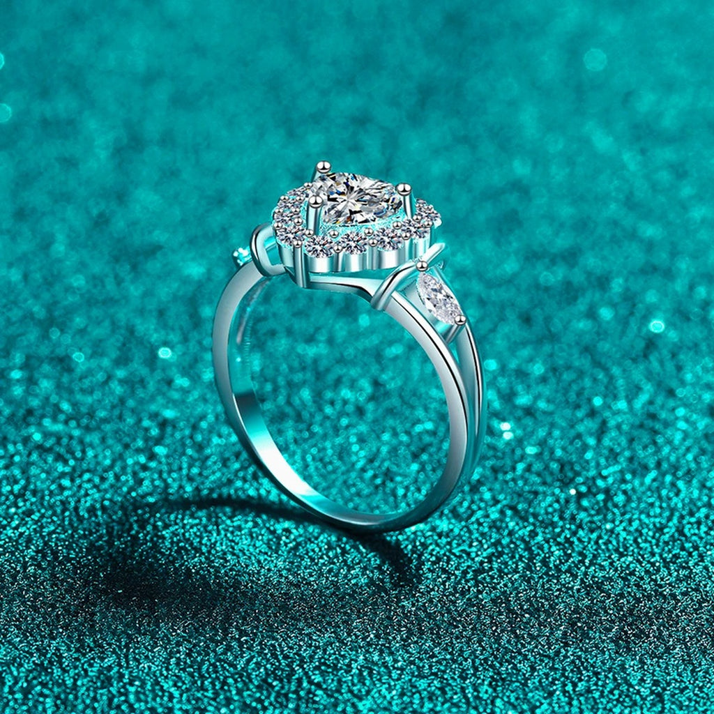 Heart Cut Moissanite Ring with CZ product view showing moissanite setting and metal finish