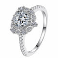Heart Cut Moissanite Ring with CZ in rhodium-plated S925 sterling silver on clean white background