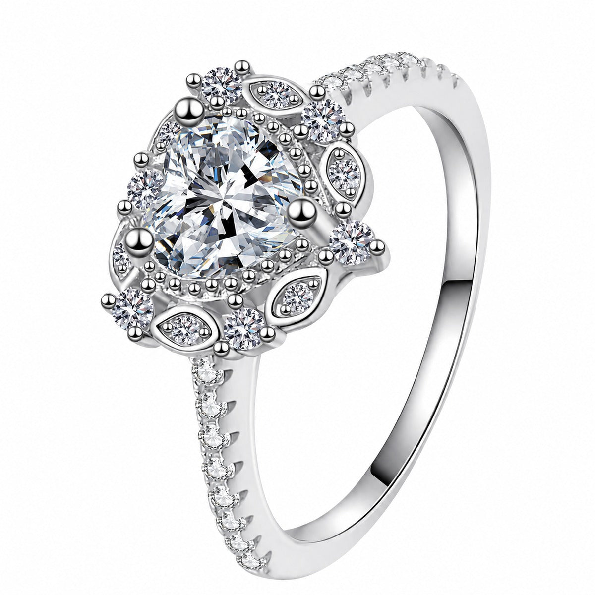Heart Cut Moissanite Ring with CZ in rhodium-plated S925 sterling silver on clean white background