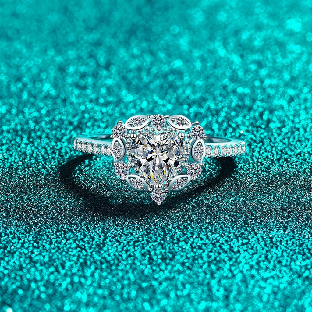 Heart Cut Moissanite Ring with CZ product view showing moissanite setting and metal finish