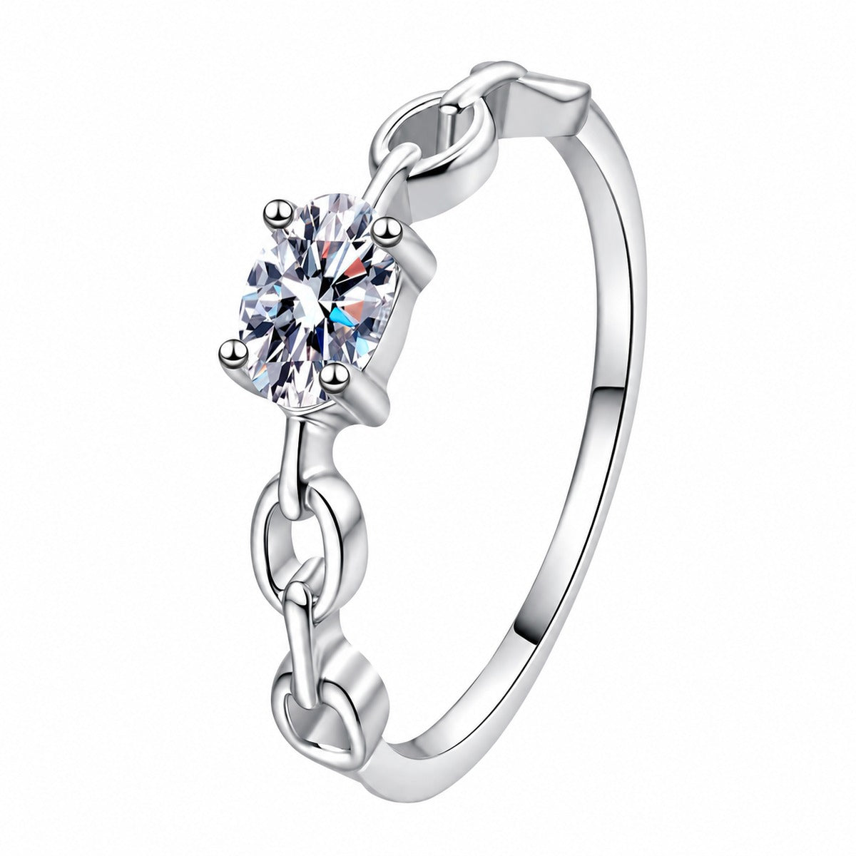 Oval Moissanite Stackable Ring in rhodium-plated S925 sterling silver on clean white background