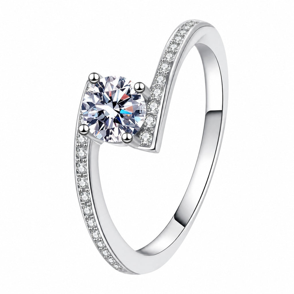 Round Moissanite Ring with CZ in rhodium-plated S925 sterling silver on clean white background