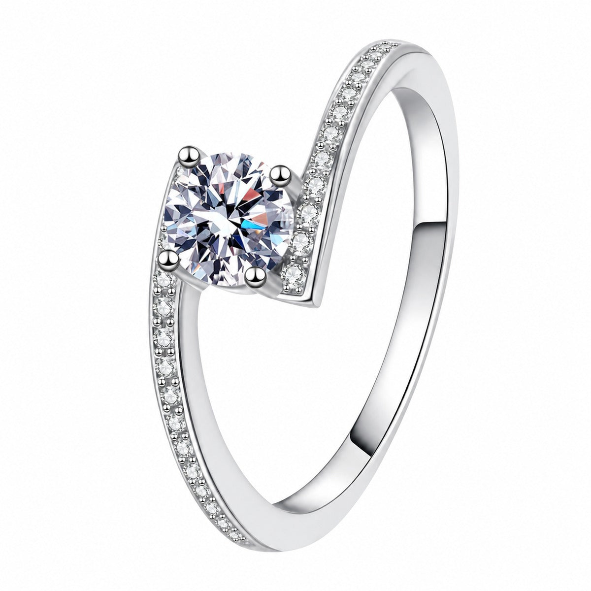 Round Moissanite Ring with CZ in rhodium-plated S925 sterling silver on clean white background