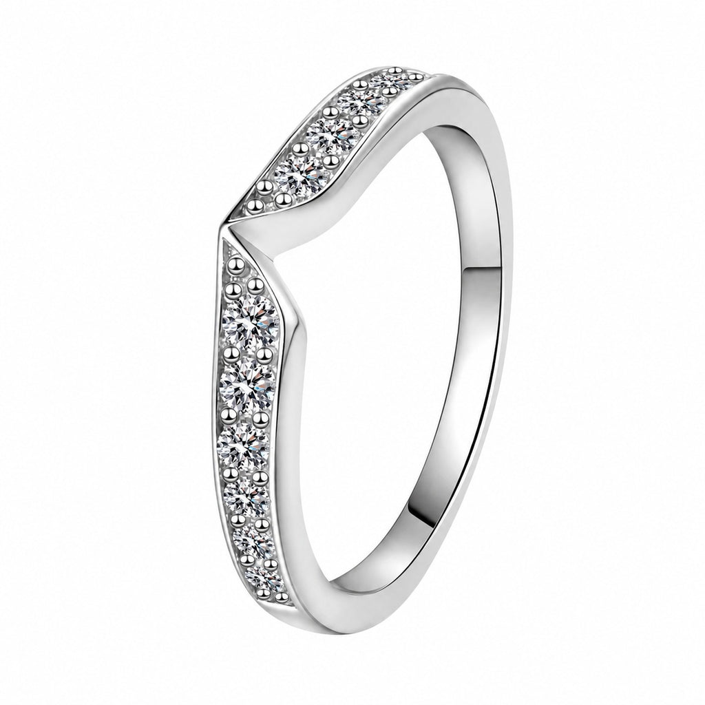 Round Moissanite Stackable Ring in rhodium-plated S925 sterling silver on clean white background