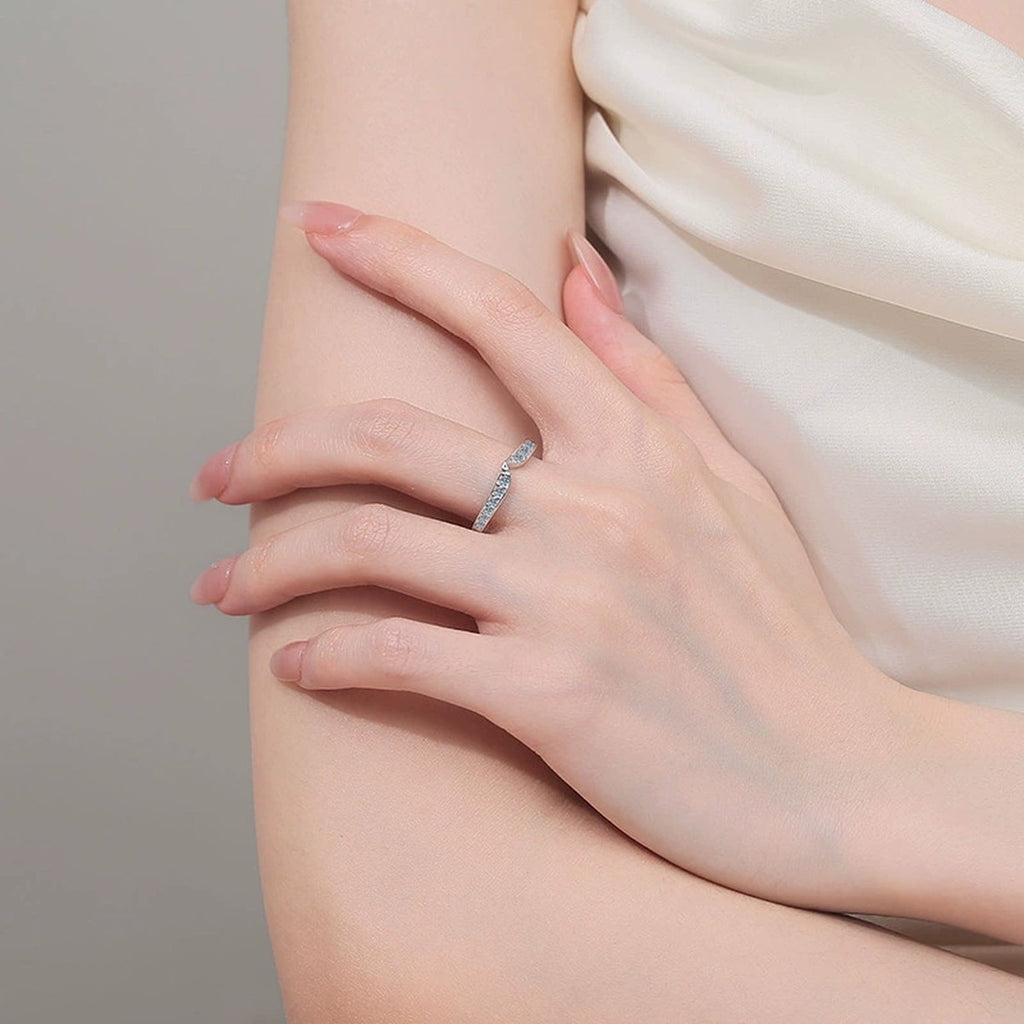 Round Moissanite Stackable Ring worn on hand to show scale, band width, and ring profile