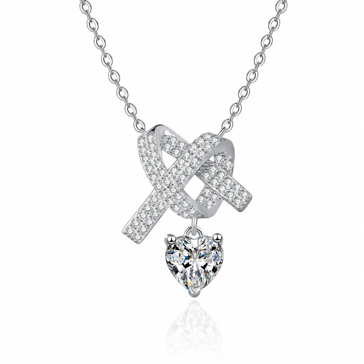 Heart Bow Moissanite Pendant Necklace with CZ in Rhodium-Plated S925 sterling silver white background product photo showing bow and heart pendant with a heart cut moissanite drop and CZ ribbon detail