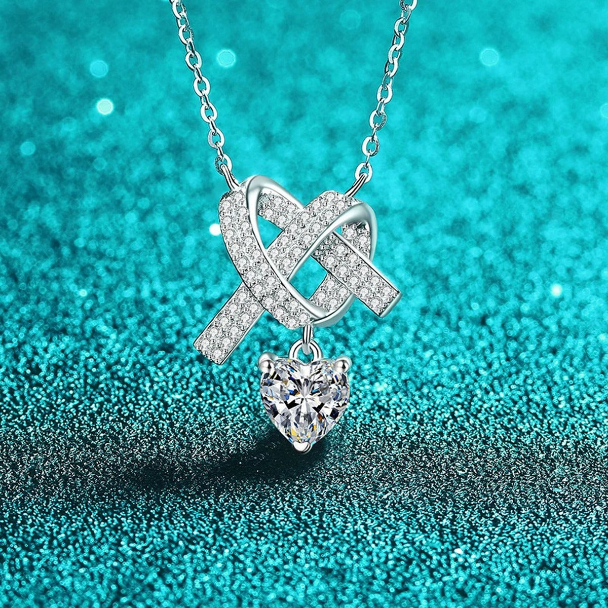 Heart Bow Moissanite Pendant Necklace with CZ in Rhodium-Plated S925 sterling silver close-up product scene showing pendant setting
