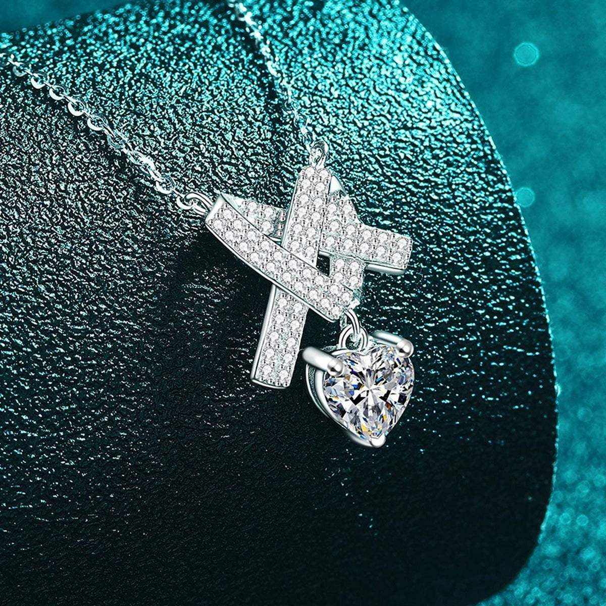 Heart Bow Moissanite Pendant Necklace with CZ in Rhodium-Plated S925 sterling silver angled product detail view