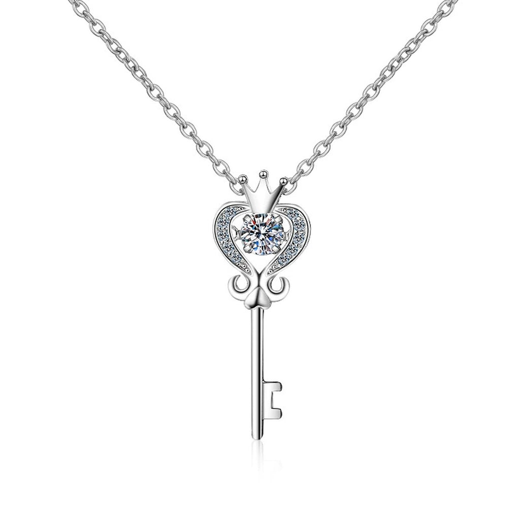 Crown Key Moissanite Pendant Necklace with CZ in Rhodium-Plated S925 sterling silver on white background showing pendant shape and round moissanite