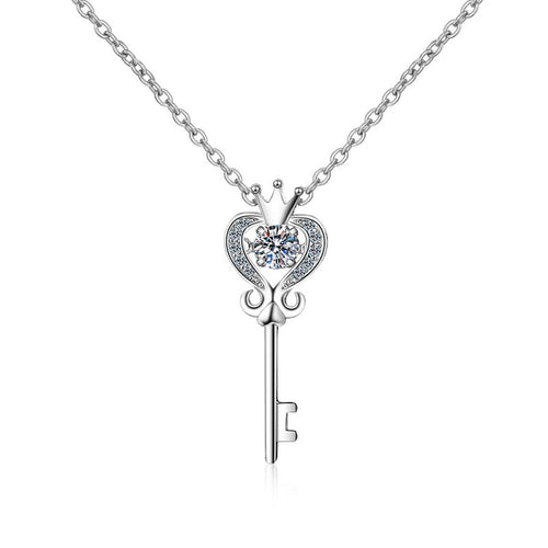 Crown Key Moissanite Pendant Necklace with CZ in Rhodium-Plated S925 sterling silver on white background showing pendant shape and round moissanite