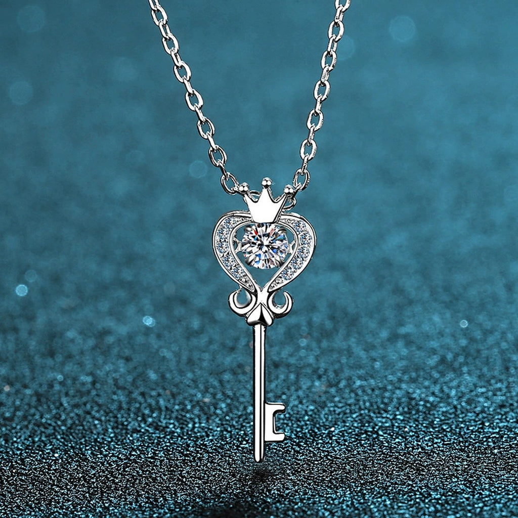 Crown Key Moissanite Pendant Necklace with CZ in Rhodium-Plated S925 sterling silver product scene view showing pendant detail