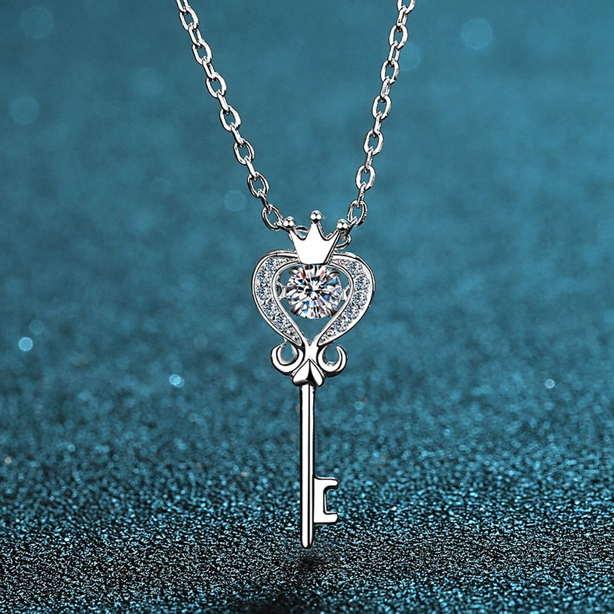 Crown Key Moissanite Pendant Necklace with CZ in Rhodium-Plated S925 sterling silver product scene view showing pendant detail