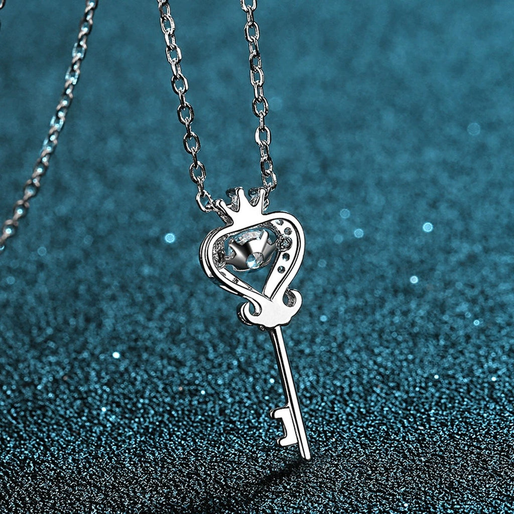 Crown Key Moissanite Pendant Necklace with CZ in Rhodium-Plated S925 sterling silver product scene view showing chain and setting detail